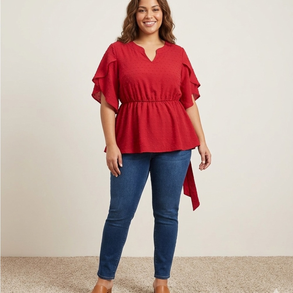 BloomChic Vibrant Red Textured Peplum Blouse